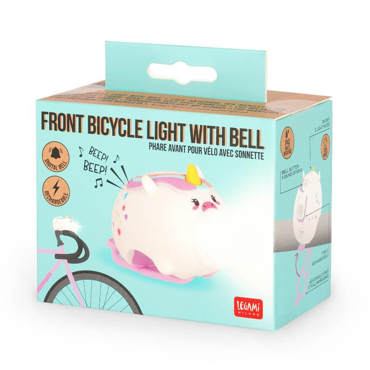 Unicorn – Wiederaufladbares Fahrradlicht mit Hupe von Legami
