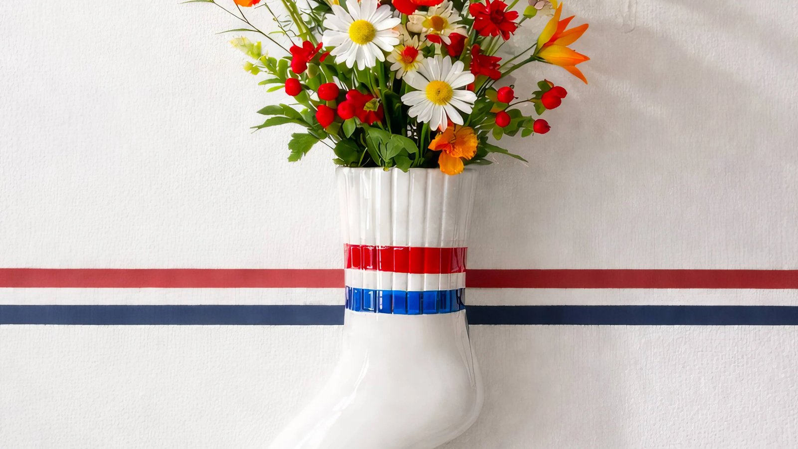 Wandvase in Form eines weissen Sockens mit bunten Wildblumen – Vasen & Pflanzengefässe bei Chat Noir Bern