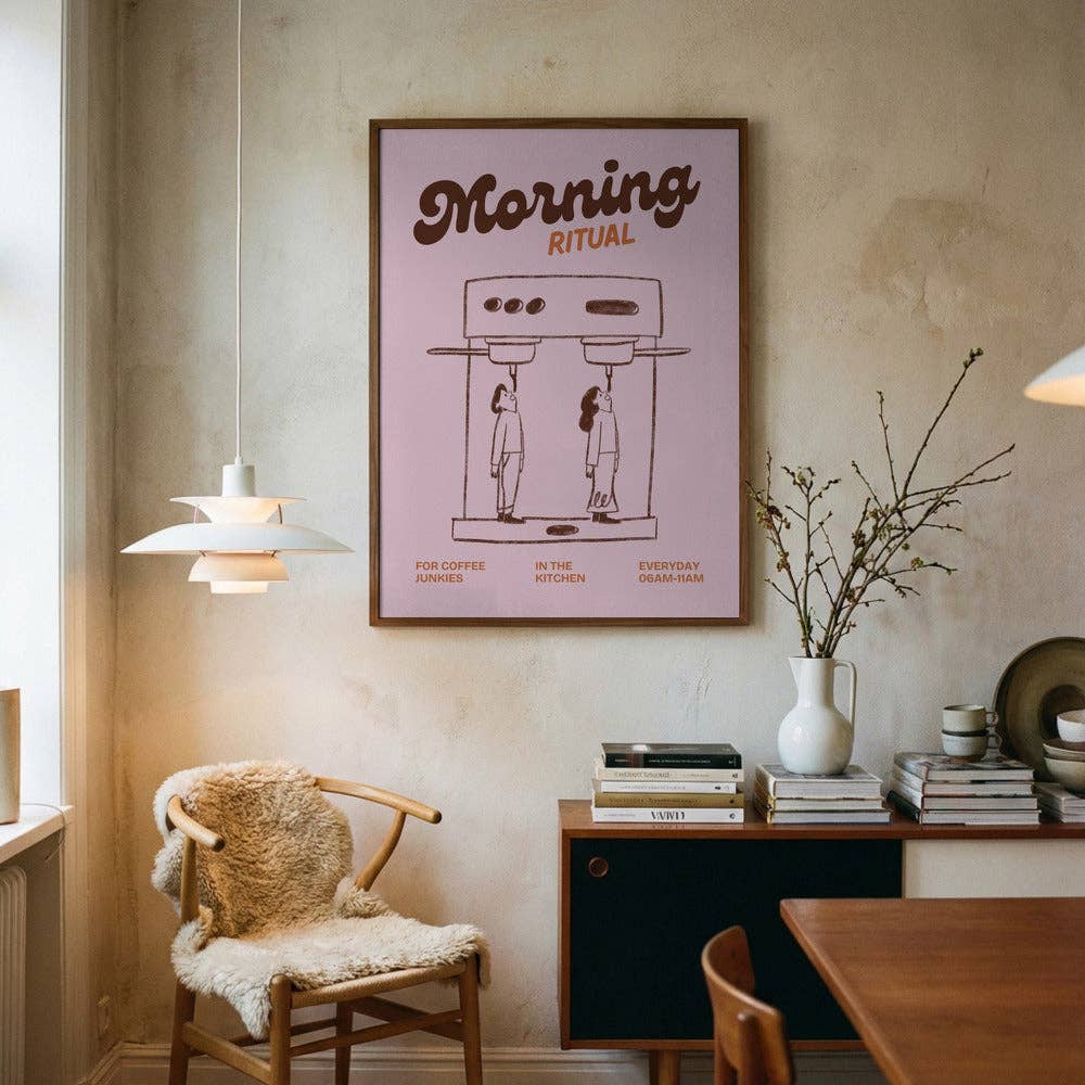 Pictufy Espresso-Kunstdruck – zwei Figuren unter Kaffeemaschine Rosa Retro