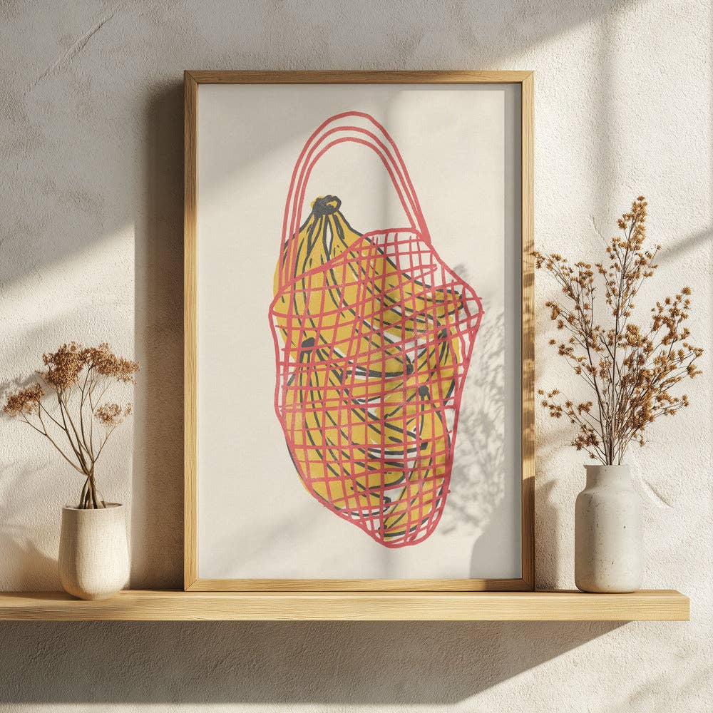 Kunstdruck Bananen im Netzbeutel – naiver Küchen-Poster 50x70 cm von Pictufy