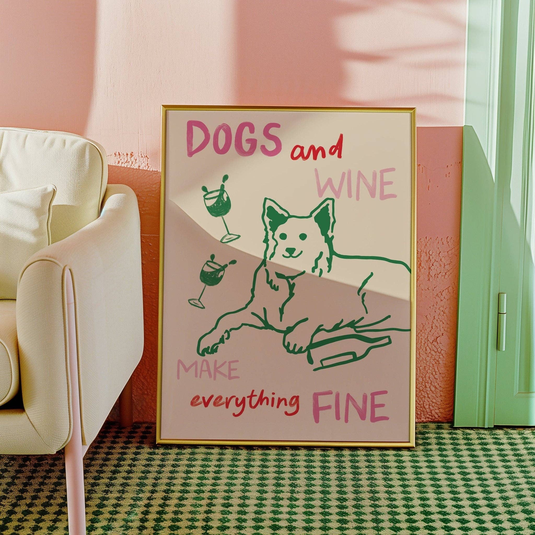 Moonshine Prints Dogs and Wine – Lifestyle gerahmt an Küchenwand