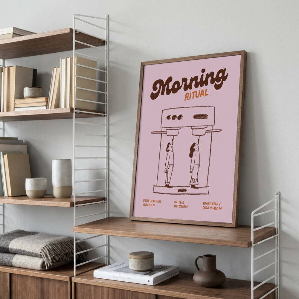 Kunstdruck Morning Ritual Espresso – pinkes Retro-Poster 50x70 cm von Pictufy