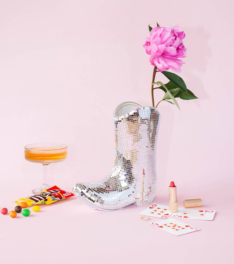 Santiago Disco Vase L'expressionist – Seitenansicht Cowboy-Boot Spiegelmosaik
