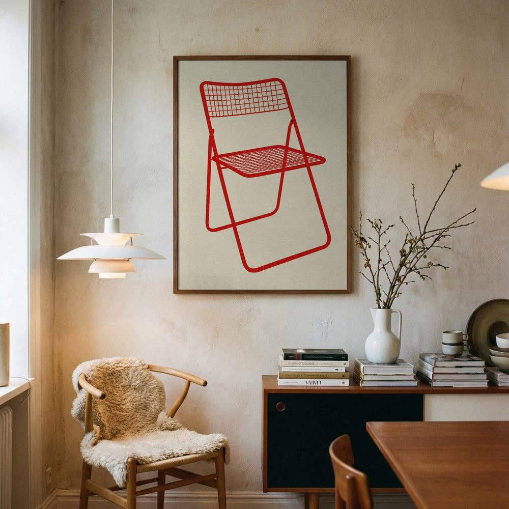 Pictufy Stuhl-Kunstdruck – Rosi Feist grafische Silhouette roter Drahtgitter-Stuhl