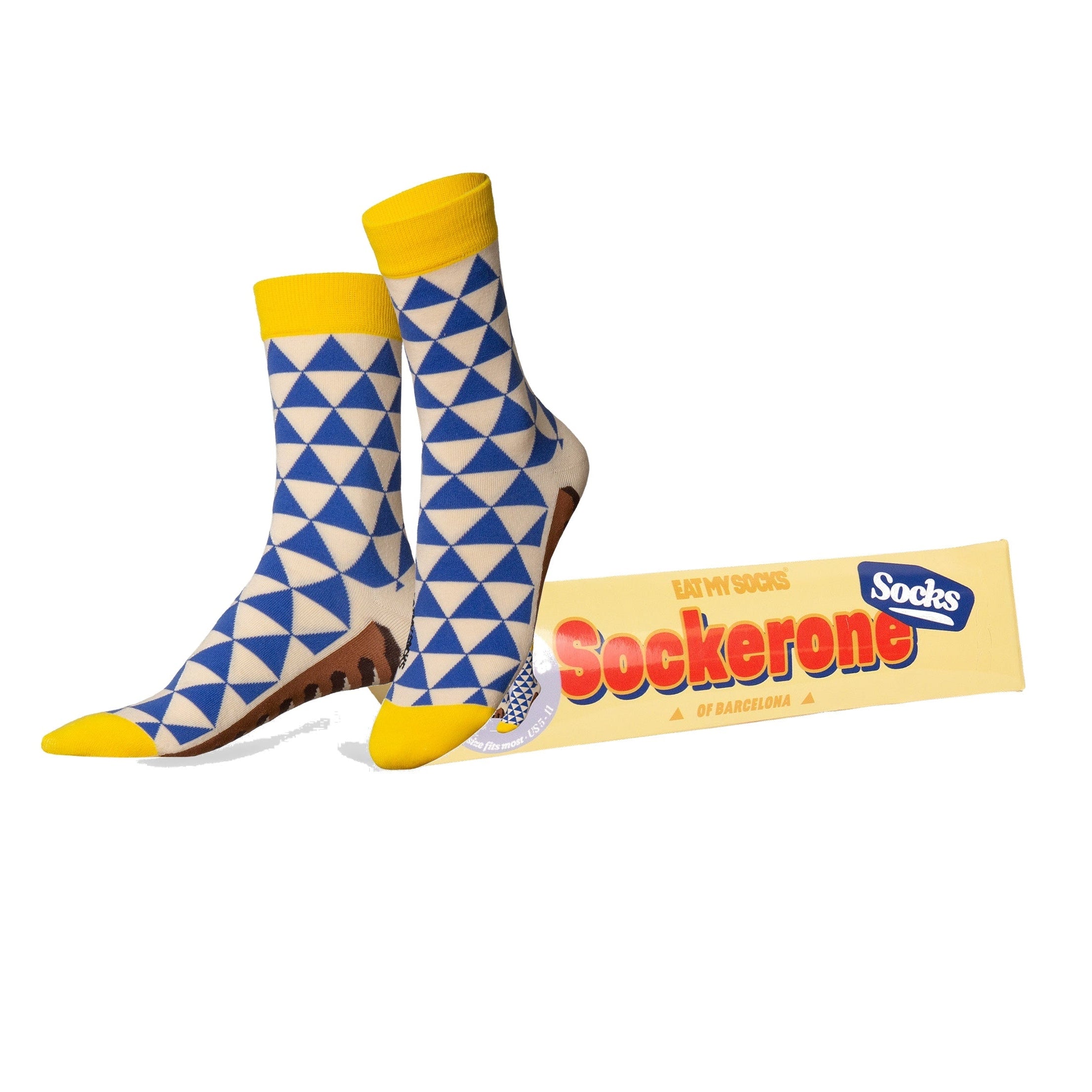 Socken Sockerone von Eat My Socks – Toblerone-Hommage mit Dreiecks-Muster, blau-gelb-creme