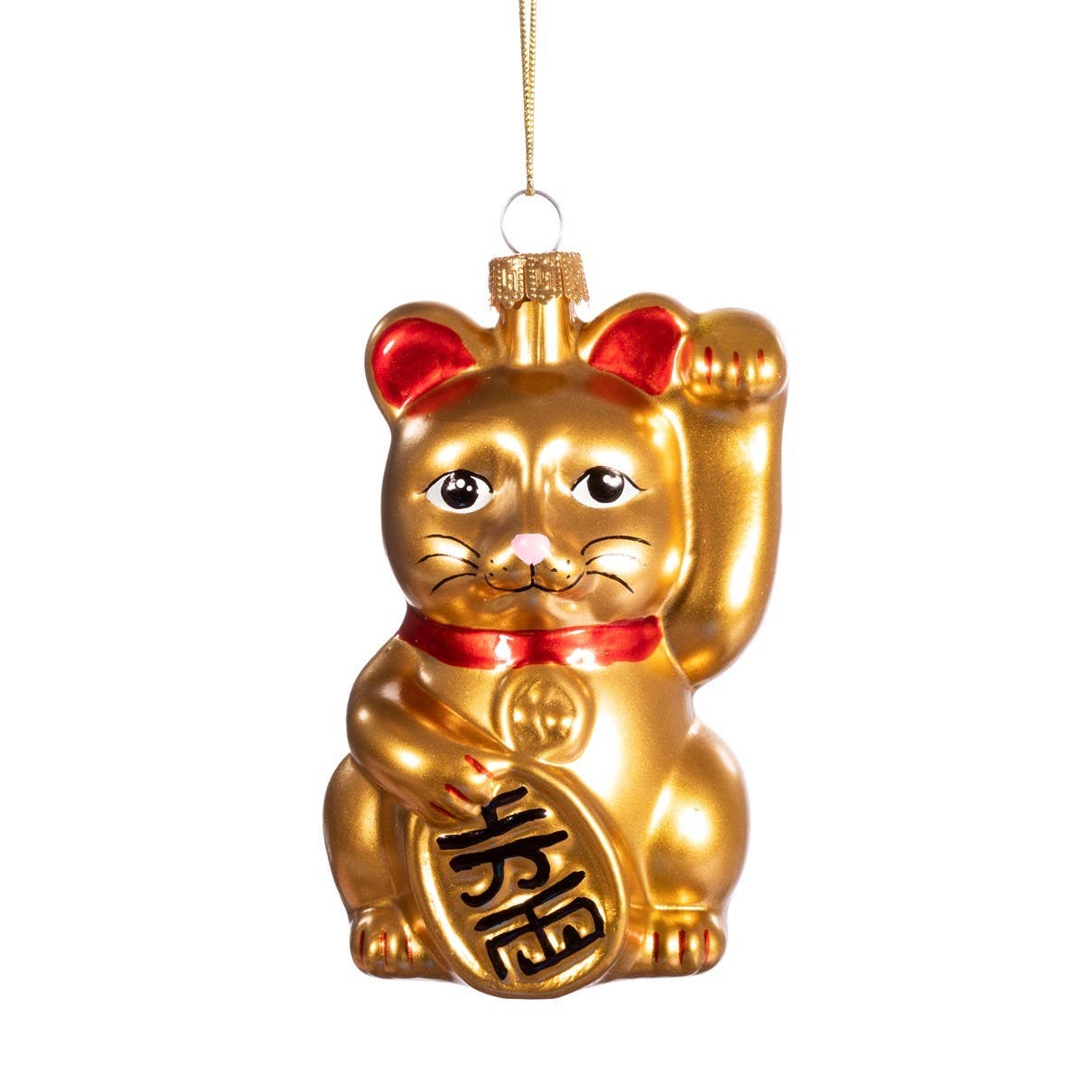 Baumschmuck Glückskatze gold von Sass & Belle – goldene Weihnachtskugel aus Glas mit goldenem Aufhänger