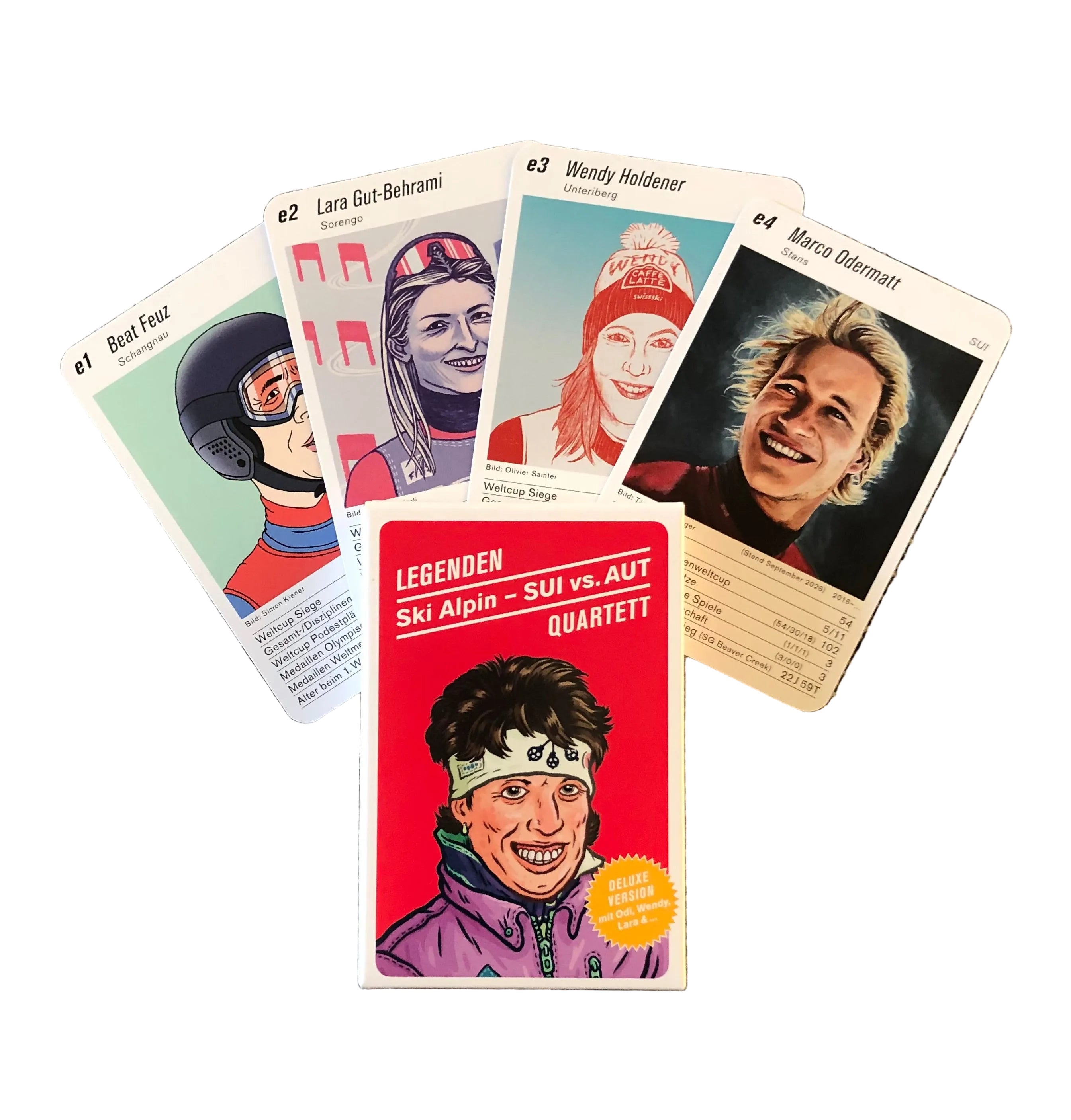 Legendenquartett Ski Alpin – Karten mit Marco Odermatt, Wendy Holdener, Lara Gut-Behrami und Mauro Caviezel, handgezeichnete Illustrationen