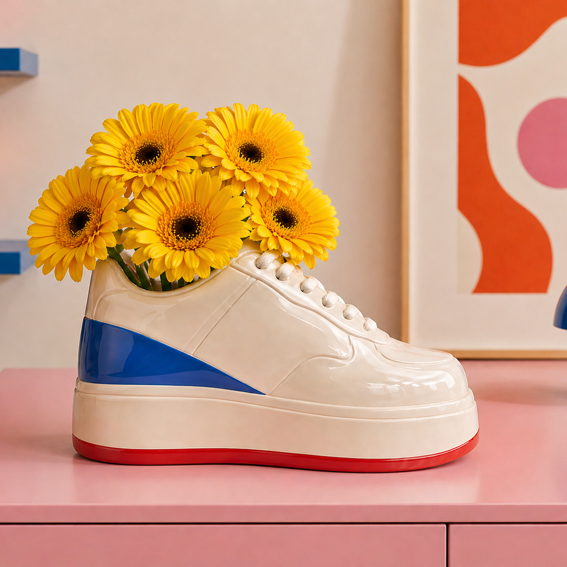 Vase Sneaker von Upside Stories - Detail Schnuersenkel weiss Kunstharz