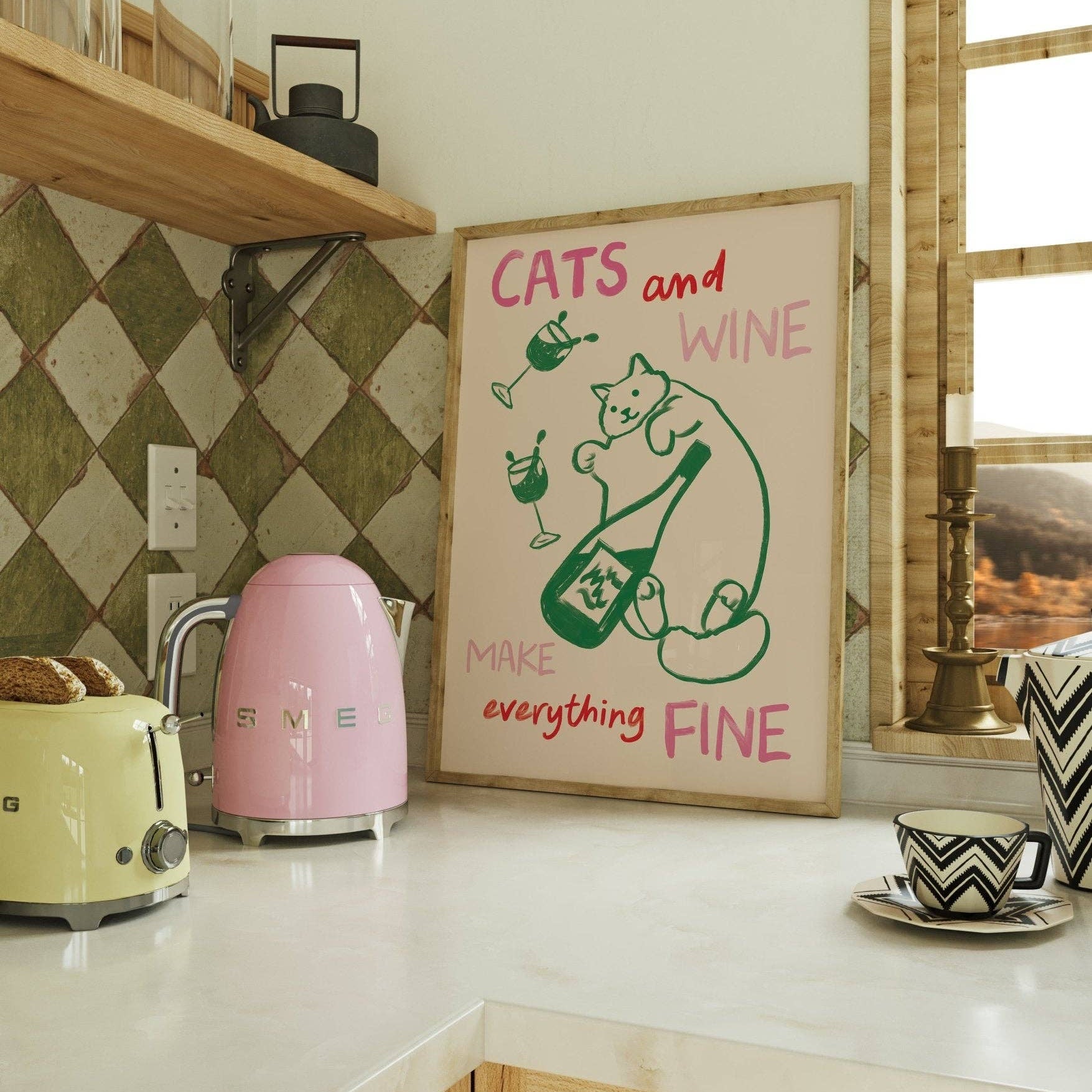 Cats and Wine Kitchen Print von Moonshine Prints - Katzen Wein Poster 50x70cm Kueche