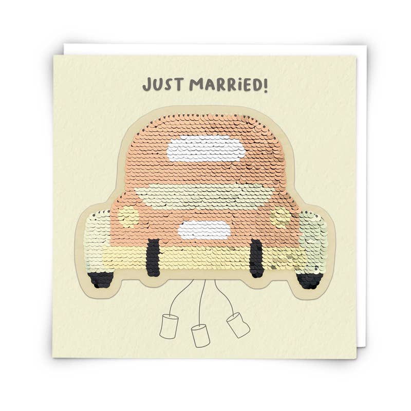 Grußkarte Hochzeitsauto mit wiederverwendbarem Pailletten-Patch – Redback Cards
