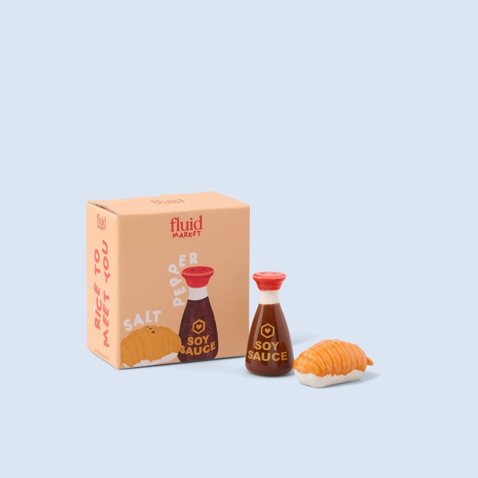 Salz Pfefferstreuer Soja-Sauce Fluid Market – Lifestyle auf Küchentisch mit Sushi