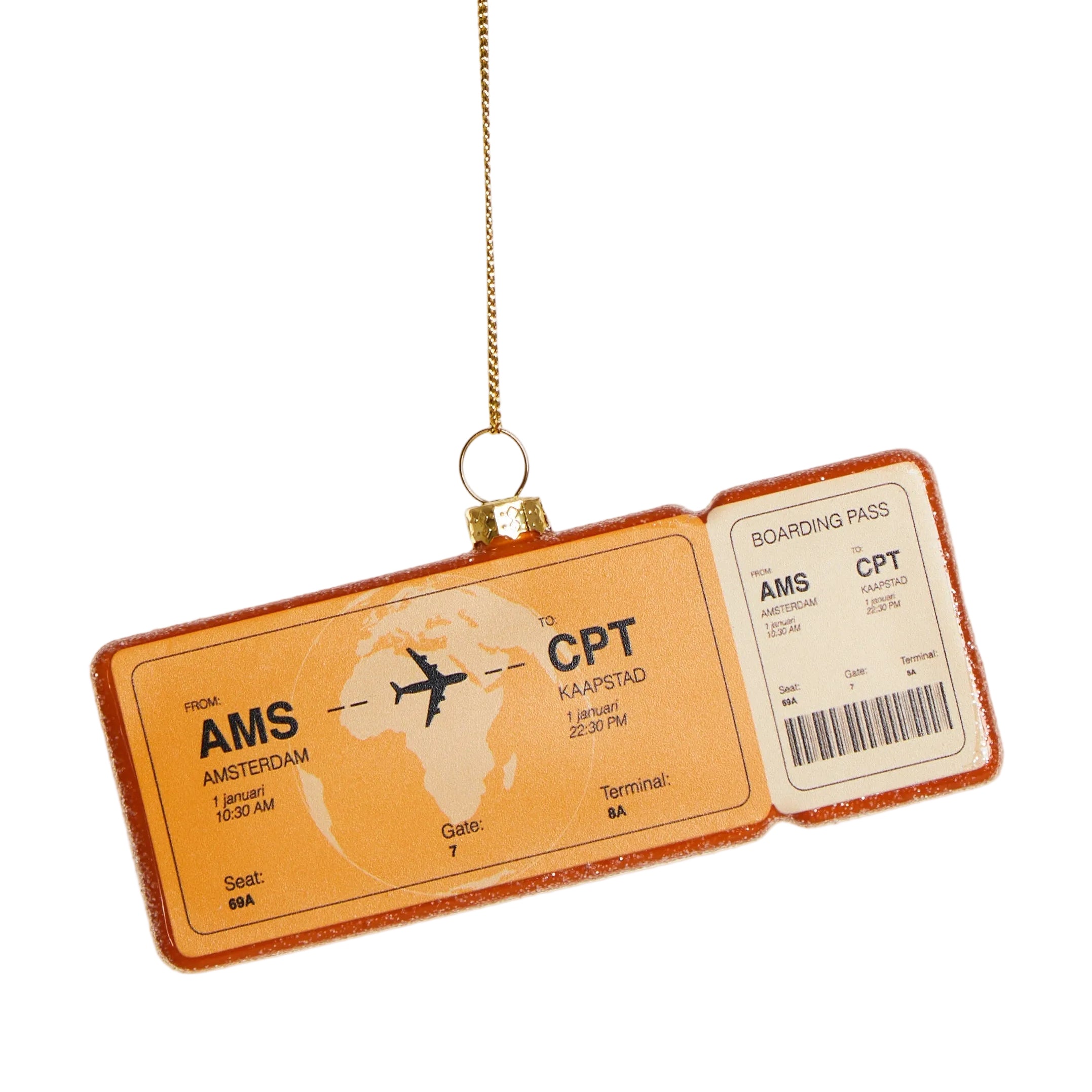 Weihnachtsbaumschmuck Boarding Pass Amsterdam–Kapstadt von Yup in de boom – oranges Glasornament am Christbaum