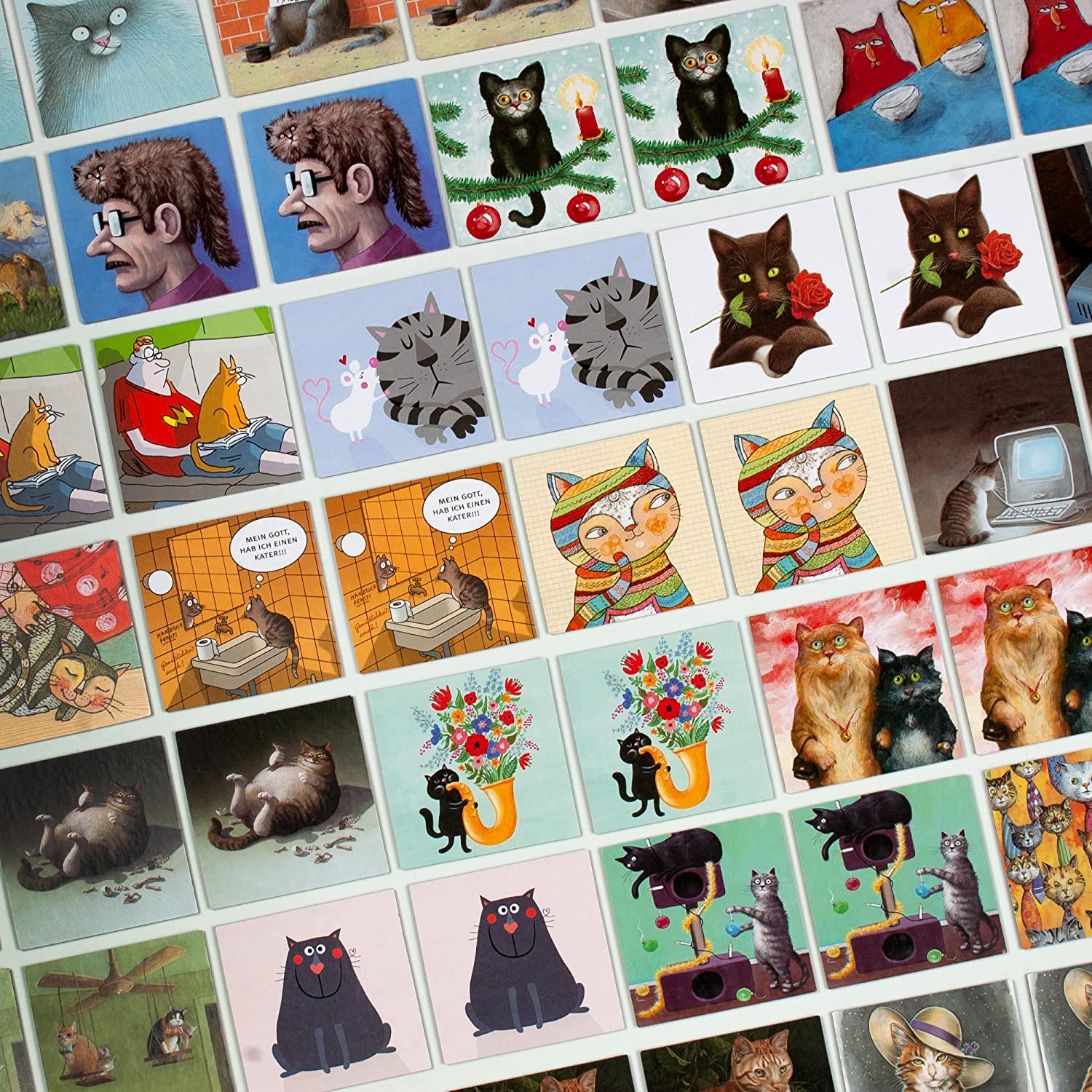 Komisches Katzen-Memo Inkognito – Detailansicht Memo-Karten mit verschiedenen Katzenszenen