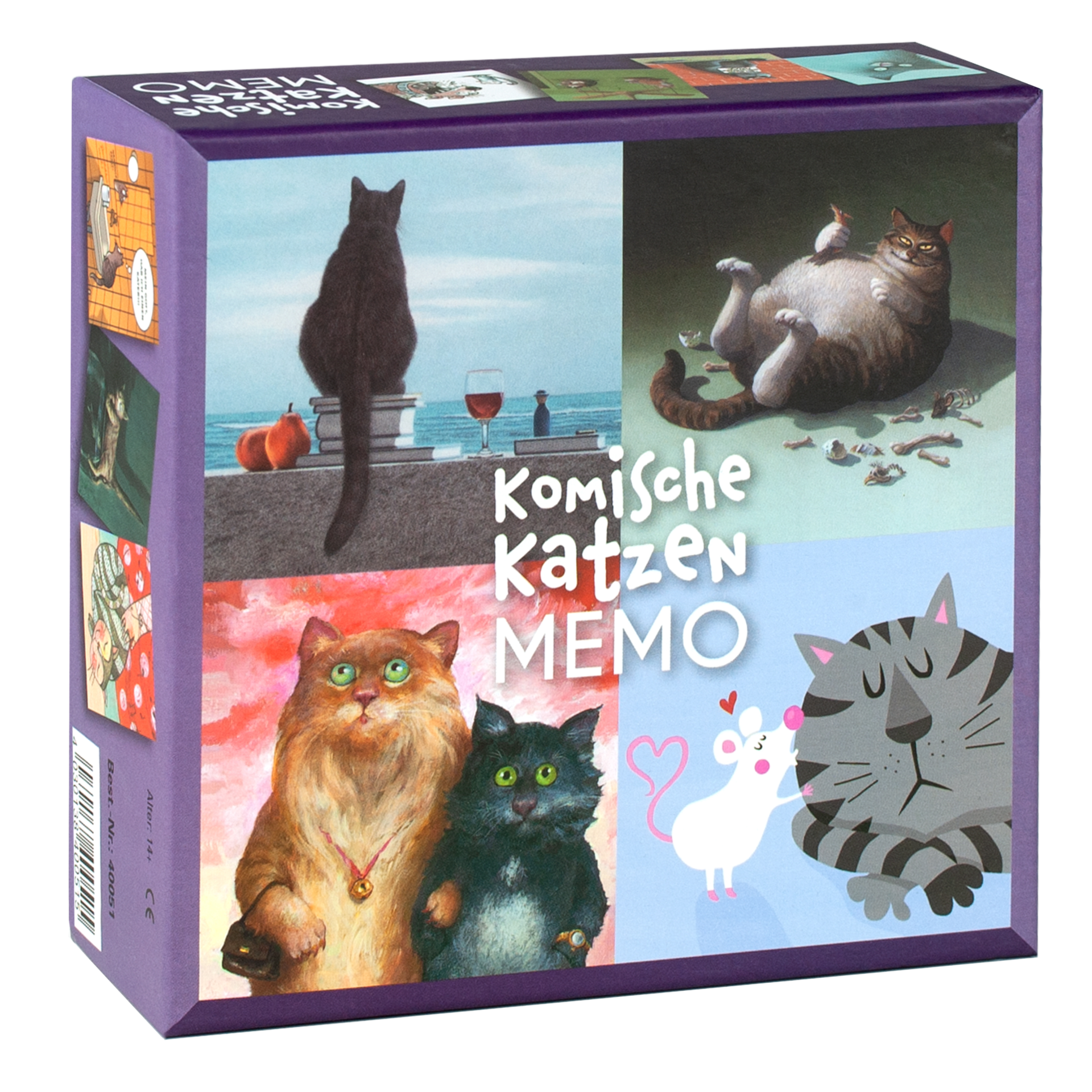 Komisches Katzen-Memo von Inkognito – Memory-Spiel mit witzigen Katzenillustrationen, Frontansicht Verpackung