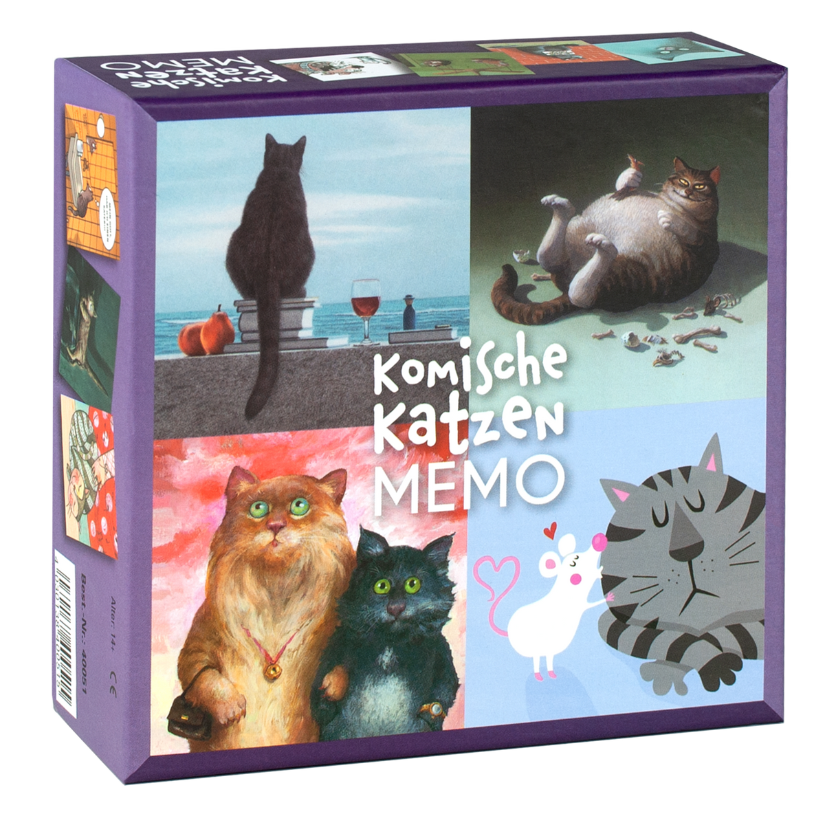 Komisches Katzen-Memo von Inkognito – Memory-Spiel mit witzigen Katzenillustrationen, Frontansicht Verpackung
