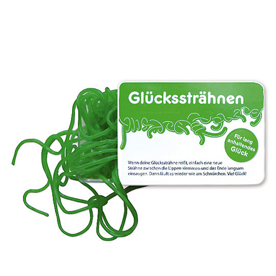 Glückssträhnen von Liebeskummerpillen – 24g Fruchtgummischnüre Apfel in Schiebeschachtel