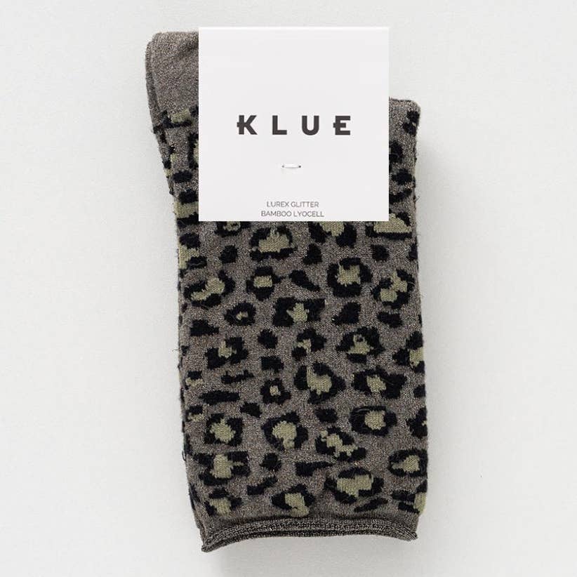 KLUE Leopard Socken Beige – Detailansicht Glitzer-Lurex Muster Bambus-Lyocell