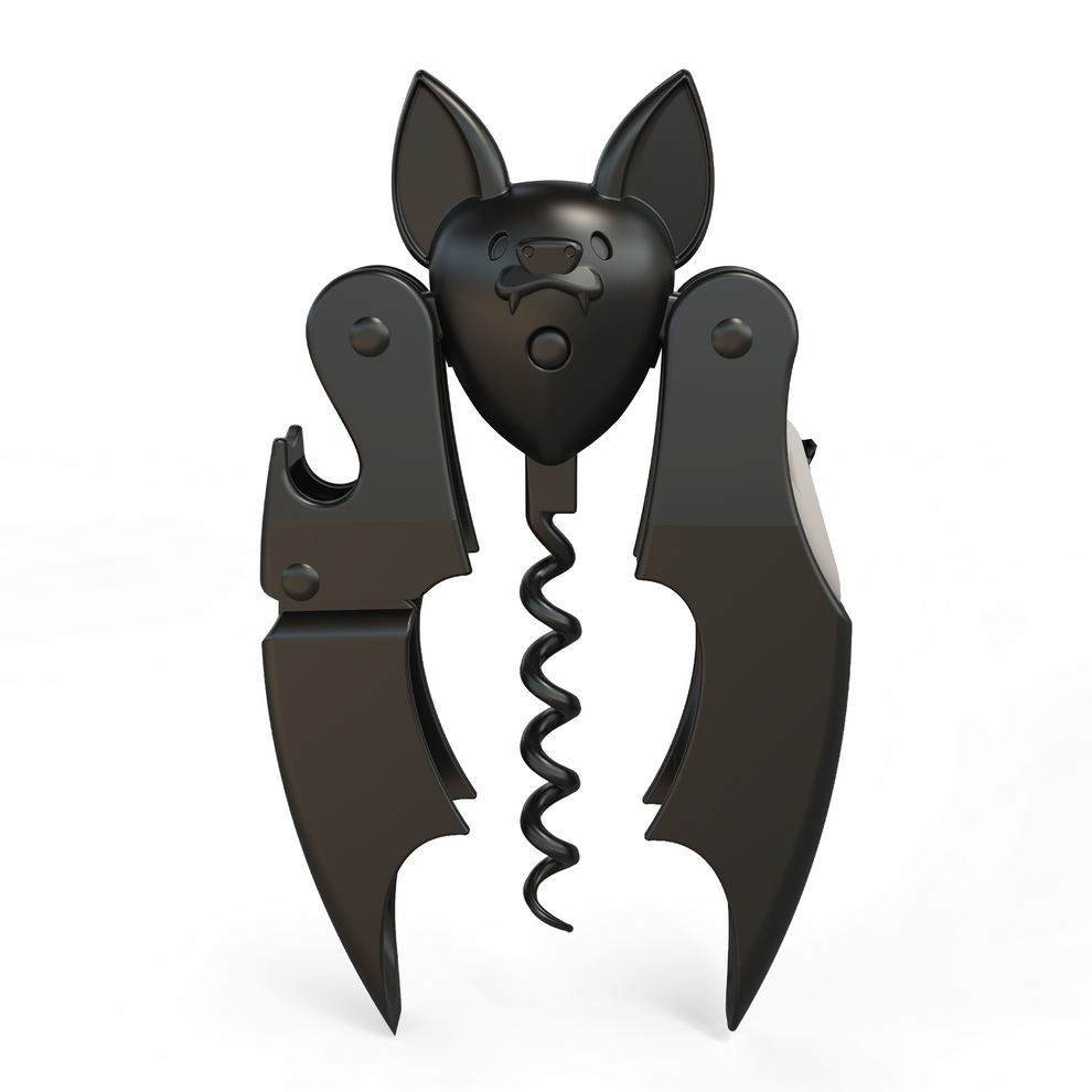 Korkenzieher Mini Vino Fledermaus von Ototo – schwarzes Metall 2-in-1 Korkenzieher und Flaschenöffner, Frontansicht