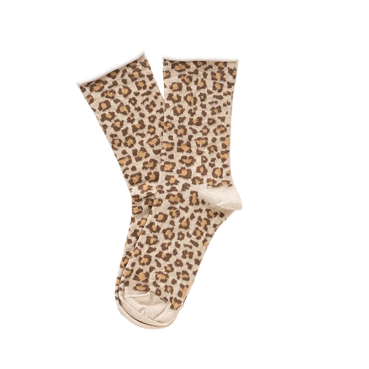 Socken Leopard Glitzer-Lurex Khaki von KLUE – wadenhoch mit Umschlag, Frontansicht