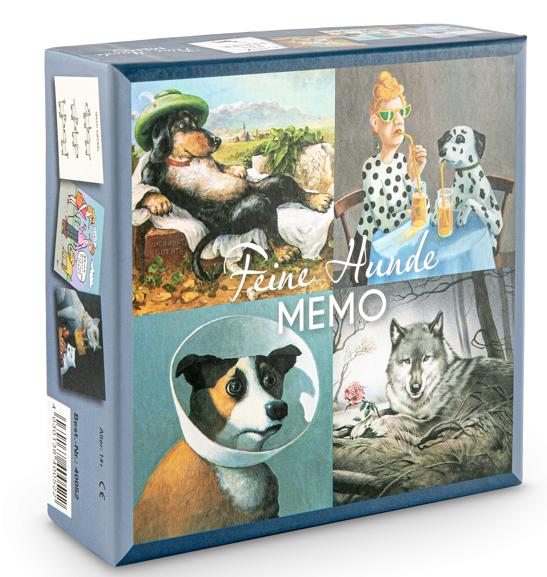 Feines Hunde-Memo von Inkognito – Memory-Spiel mit Hundeporträt-Illustrationen, Frontansicht Verpackung