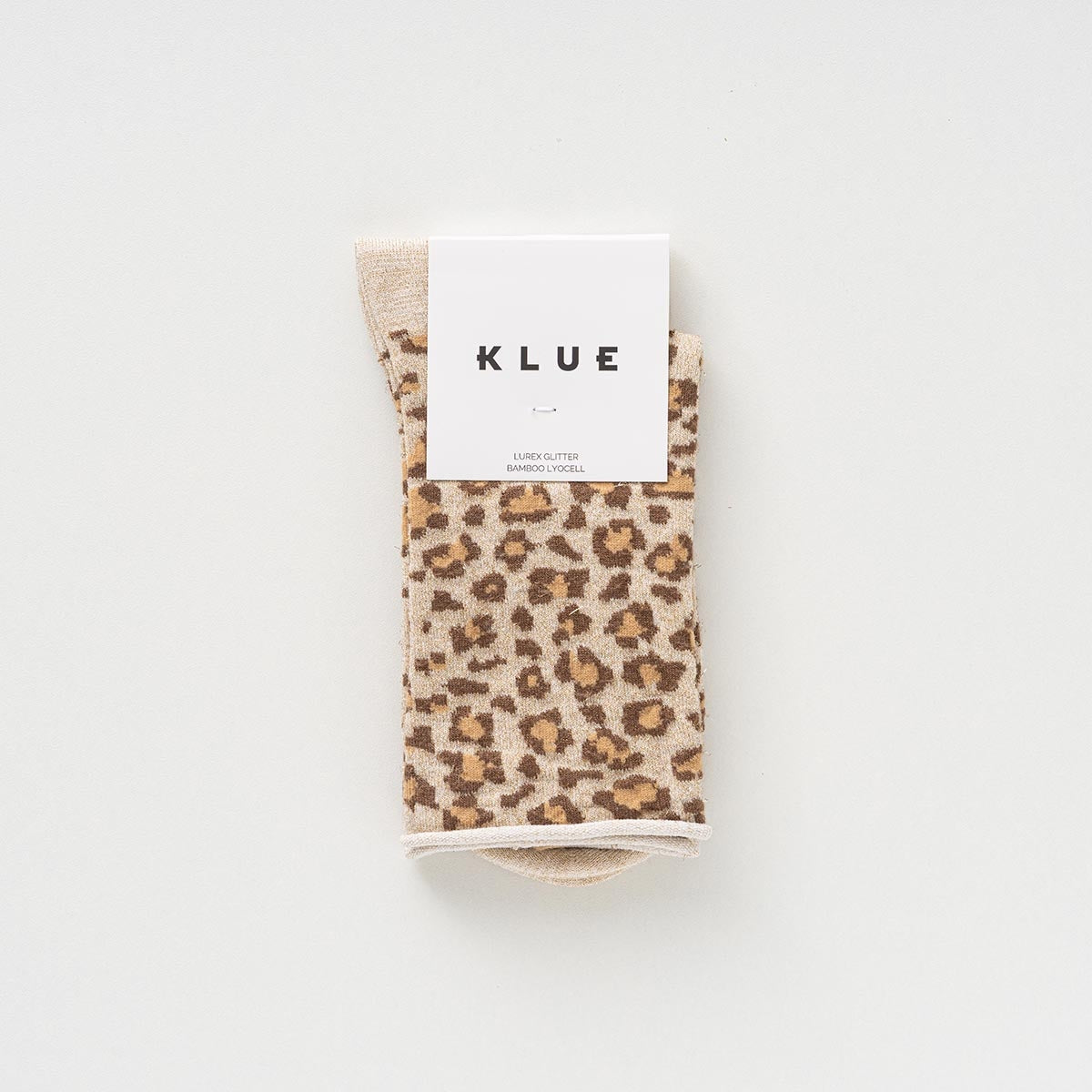 KLUE Leopard Socken Khaki – Detailansicht Glitzer-Lurex Muster Bambus-Lyocell