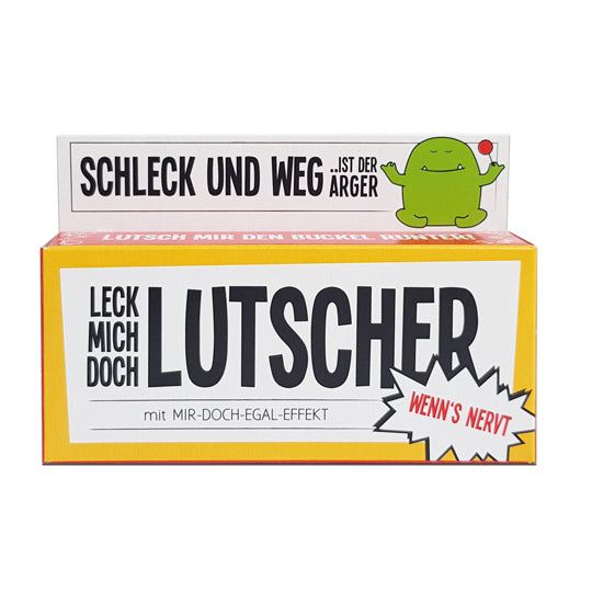 Leck mich doch Lutscher von Liebeskummerpillen – 3 Edelfrucht-Lollis grün gelb orange als humoristische Wut-Therapie