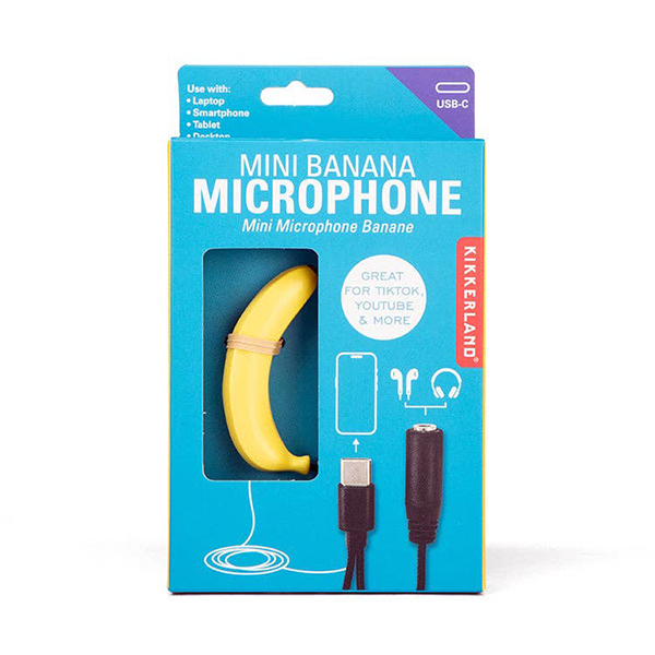 Plug & Play Mikrofon Banane von Kikkerland – Mini-Bananenmikrofon gelb-schwarz Frontansicht