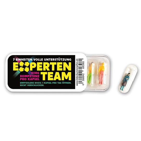 Liebeskummerpillen Expertenteam – kleine Dose mit 7 Miniatur-Menschen, 7×3.2×1.2cm